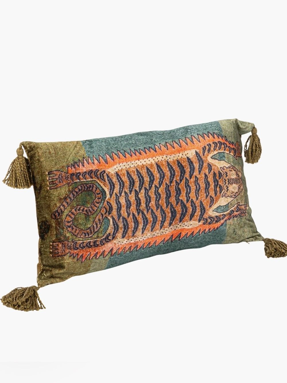 Creative Co-Op Tiger Motif Lumbar Pillow in Orange and Green